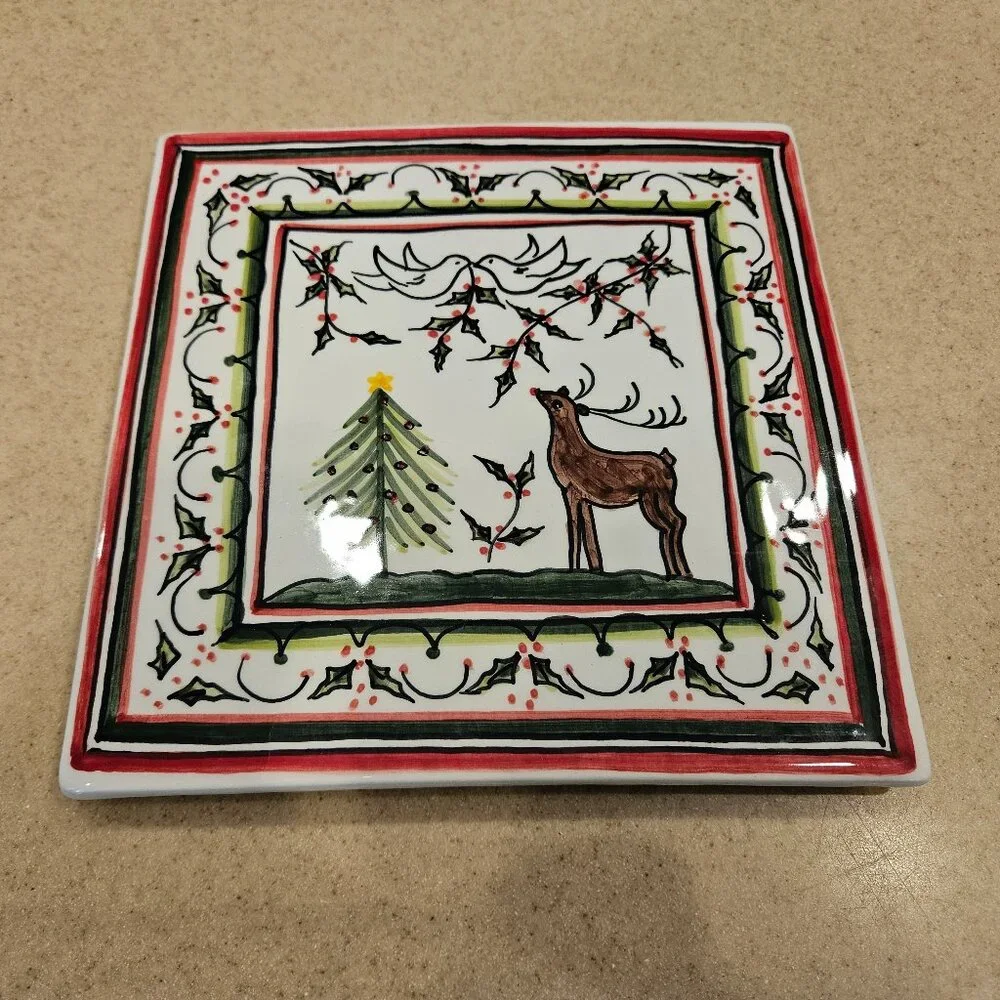 PAVOES CHRISTMAS REINDEER PORTUGAL HANDPAINTED CERAMIC KITCHEN TRIVET HOT PLATE
